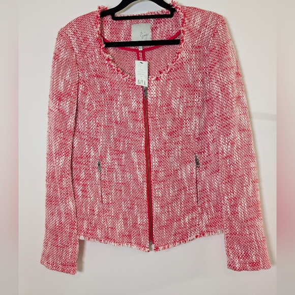 Joie NWT Collis Cherry Tweed Zip Blazer Frayed Jacket Size L Parisian Feminine - Picture 2 of 11